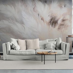 Extra large feathers wallpaper, self adhesive abstract wall mural, white grey peel and stick wallpaper, calm accentual bedroom wallpaper