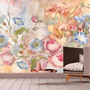 Colorful floral peel and stick wallpaper, extra large self adhesive botanical wall mural, accentual watercolor flowers canvas wallpaper