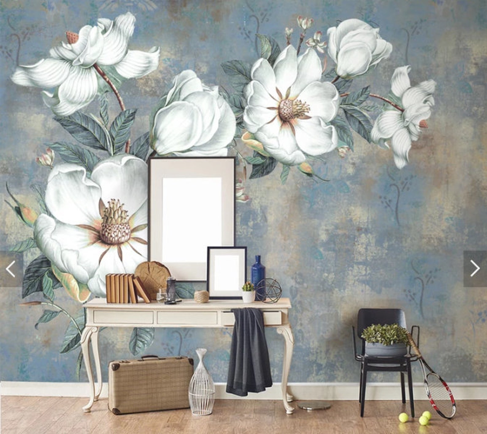 Light Blue Flowers Wall Covering Botanical Peel and Stick Wall Mural