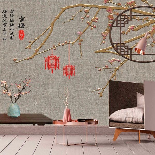 Extra large Japanese wallpaper, peel and stick Asian wall mural, self adhesive gray wallpaper with hieroglyphs, abstract oriental wall decal