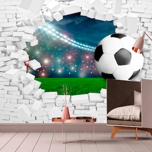 3D Soccer Ball Brick Wall Mural - Peel and Stick Wallpaper