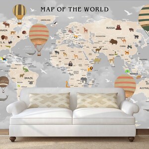 Animal world map World map mural Removable wallpaper Textured wallpaper nursery wallpaper vinyl wallpaper modern wallpaper wall print art