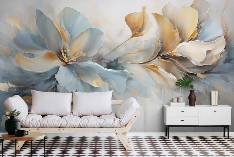 Floral wallpaper, extra large flowers wall mural, blue gold peel stick wallpaper, accent removable wallpaper, self adhesive bedroom mural