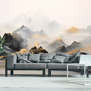 Carta da parati extra large in oro nero, murale astratto staccabile e attaccabile, carta da parati autoadesiva con montagne, murale temporaneo, carta da parati moderna