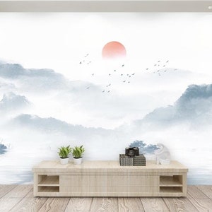 Smoky mountains japanese wallpaper peel and stick wall mural, blue ridge mountains wall decor, asian canvas wallpaper, vinyl wall murals