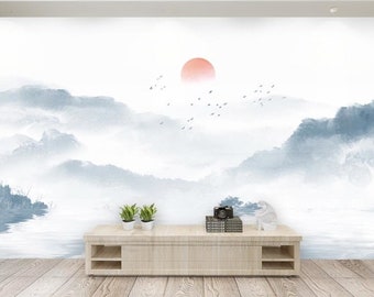 Smoky mountains japanese wallpaper peel and stick wall mural, blue ridge mountains wall decor, asian canvas wallpaper, vinyl wall murals