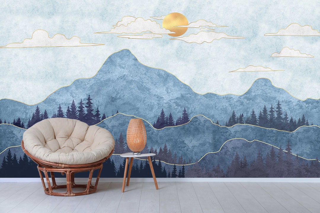 Blue Mountain Landscape Wallpaper: Abstract Peel and Stick Wall Mural ...