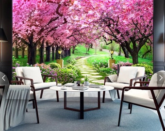 Fairy garden landscape wall mural Japanese cherry blossom tree stickers peel and stick wallpaper Nature wall decoration