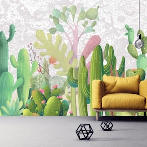 Cactus wall art Cactus print Tropical wallpaper Leaf Removable wallpaper Textured wallpaper fabric wallpaper modern wallpaper