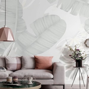 Banana leaf wallpaper, tropical leaf wallpaper peel and stick wall mural, vinyl wallpaper, gray floral wallpaper, banana leaf mural