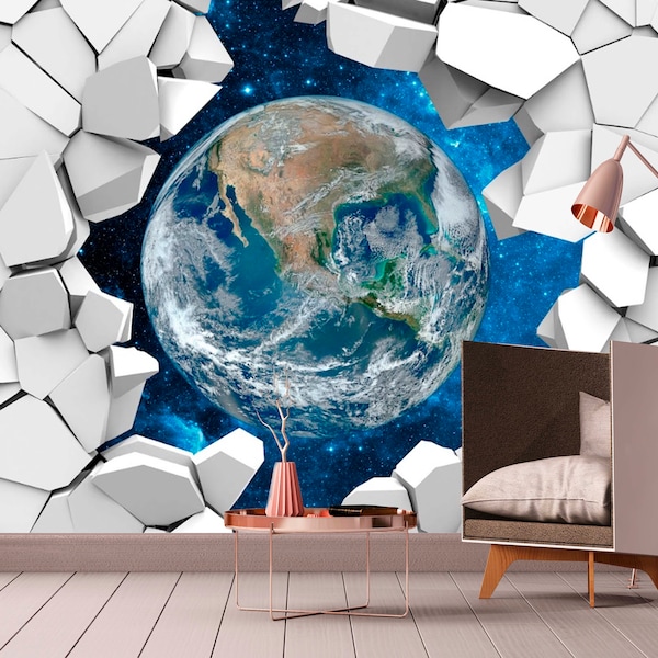 3D Earth wallpaper, extra large self adhesive space wall mural, peel and stick brick wallpaper, accentual blue white children wallpaper