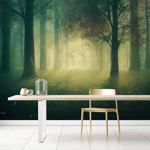 Green forest wallpaper, extra large trees wall mural, self adhesive botanical wallpaper, accentual peel stick wall mural, nature wallpaper