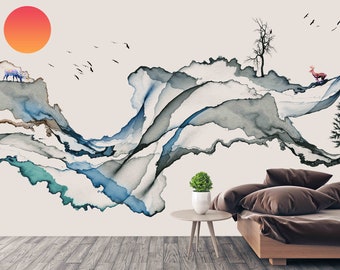 Impresión de arte mural asiático japonés Decoración de pared de dormitorio minimalista Abstracto Pelar y pegar papel tapiz temporal extraíble mural autoadhesivo
