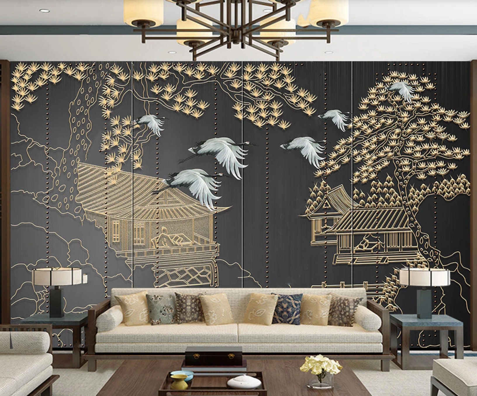 Asian Grey Gold Wallpaper Peel and Stick Wall Mural Japanese - Etsy