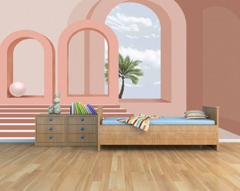 Large pink self adhesive wallpaper, self adhesive arch wall mural, accentual mid century wall decal, temporary canvas wallpaper with window