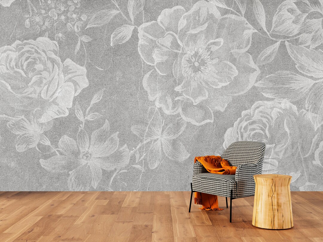 Grey Floral Wallpaper: Large Roses, Peel and Stick Wall Mural - Etsy