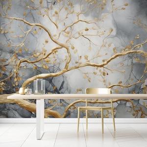 Golden leaves wallpaper, botanical self adhesive wall mural, peel and stick gold grey wallpaper, temporary accent wallpaper to bedroom