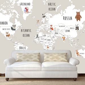 Weltkarte der Tiere Weltkarte Wandbild Ablösbare Tapete Strukturtapete Kinderzimmer Tapete Vinyl-Tapete Moderne Tapete Wall Print Kunst