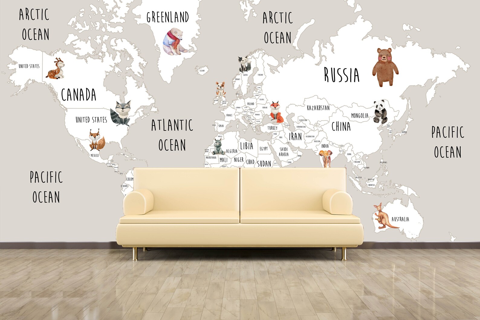 Animal World Map World Map Mural Removable Wallpaper Textured Wallpaper