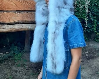 Real  Double Side Blue Fox Fur Hat - Hood