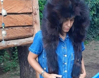 Real  Double Side Brown Fur Hat - Hood