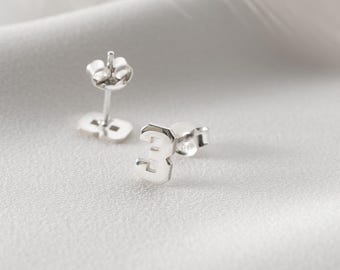 Personalized Sterling Silver Number Stud Earrings - Dainty Custom Jersey Jewelry, Birthday Gift