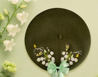 Embroidered Lily of the Valley Beret (With or without Bow available)