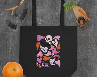 Halloween Organic Cotton Tote Bag: Cute Ghost & Bat Design