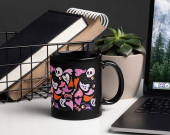 Cute Halloween Mug – Black Glossy, Spooky Ghosts Design