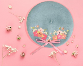 Sakura bunnies embroidery beret (With or without bow available)