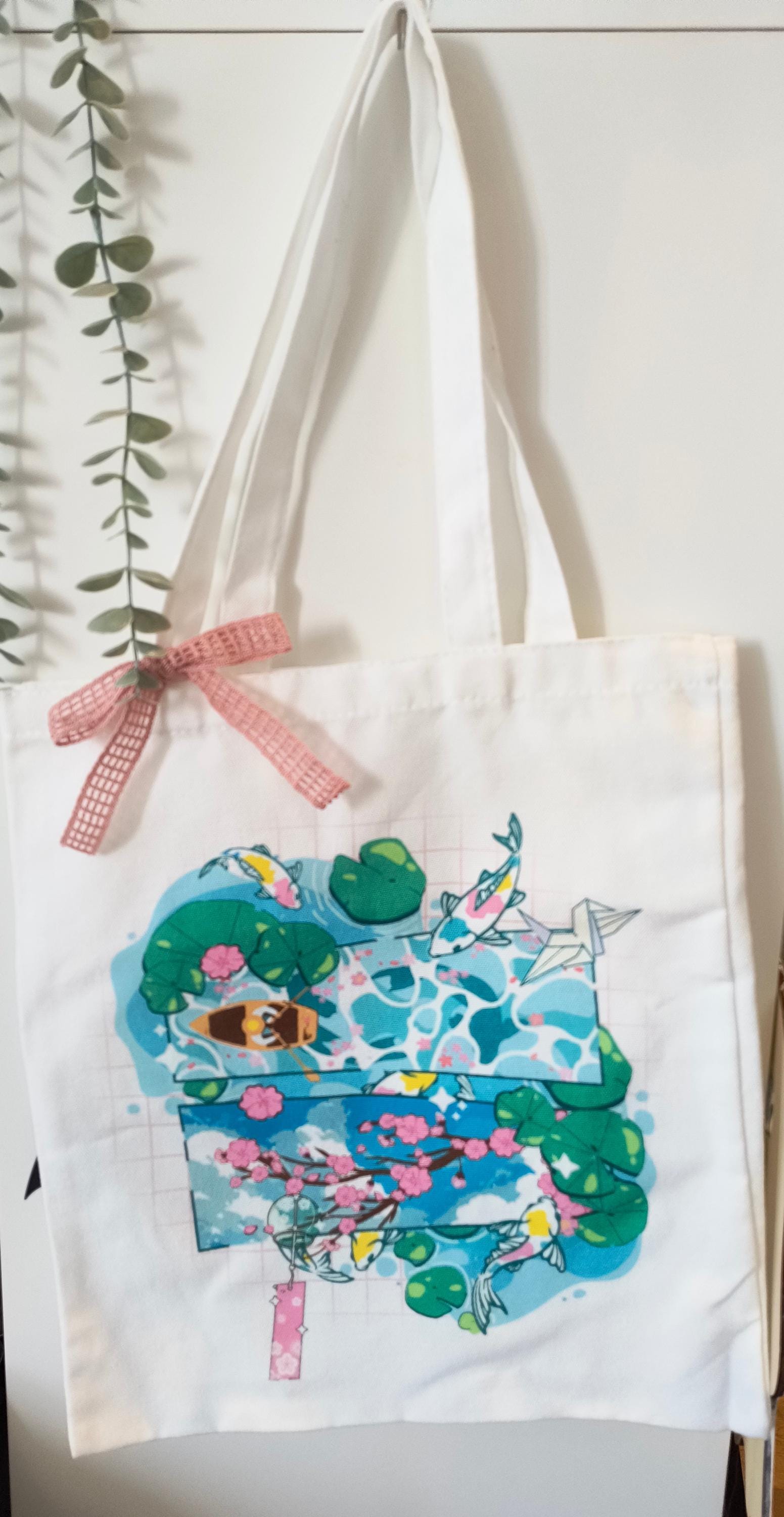 Cherry Blossom Koi Fish Japanese Tote Bag - Sakura Themed Reusable Grocery & Carry Bag