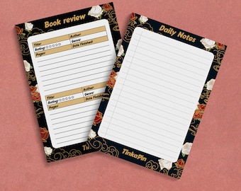 May include: Two black and white printable notepads with a floral design. One notepad is labeled "Book Review" and has a section for title, rating, pages, author, genre, and date finished. The other notepad is labeled "Daily Notes".