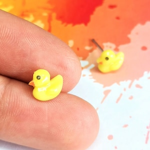 tiny rubber duck earrings, duckling earrings, little yellow duck stud earrings, cute animal jewelry, toy earrings, funny earrings