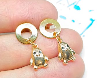 Tiny dangle penguin earrings, Gold penguin earrings, 18k Gold plated earrings, Penguin jewelry, Gift for her