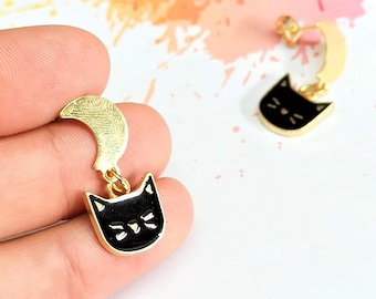 Pendientes de gato y luna, pendientes de acero inoxidable, pendientes de encanto de gato, joyería de gato, regalo de amante de gato