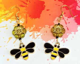 honey bee earrings, stainless steel earrings, bee and flower earrings, fun earrings