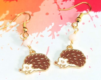 cute hedgehog earrings, porcupine earrings, hedgehog dangle earrings, animal drop earrings, fun earrings