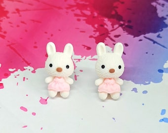 pendientes de conejito blanco, pendientes kawaii, joyería de conejito, pendientes de animales tiernos, pendientes de tachuela de conejo