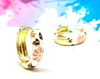Chunky Hoop Earrings, BOTANICAL, Wildflower 18k Gold Plated Huggie Hoop Earrings, Statement Floral Everyday Jewelry