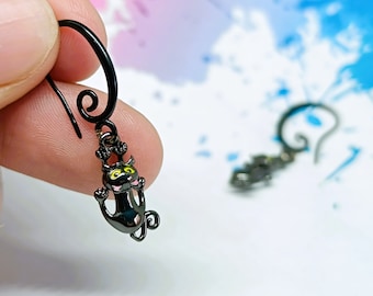 Hanging cat earrings, black cat earrings, funny earrings, animal jewelry, dangling cat earrings