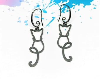 Long cat earrings, black cat earrings, cat silhouette earrings, dangle drop cat earrings, animal jewelry
