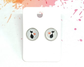 Cute cat earrings, cat and heart stud earrings, stainless steel studs, animal jewelry, lovely cat earrings