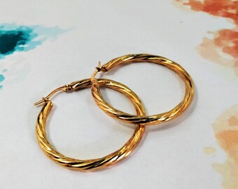 Twisted hoop earrings, huggie hoop earrings, gold stainless steel hoops, large golden hoops