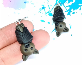 Hanging bats earrings, dangling bat earrings, fun earrings, animal jewelry, bat lover gift, polymer clay bat earrings, witchy jewelry