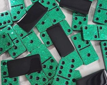 Luxury Glitter Domino set; green with black dots and backs Resin Art Handmade Gift Present Board Game Decoration
