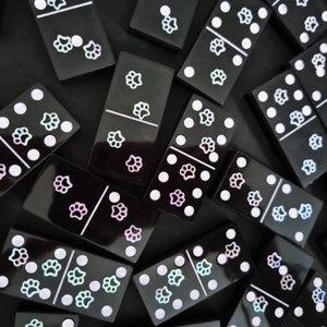 Luxury Domino set, black with paw print sequins. Resin Art, handmade. For the animal lovers