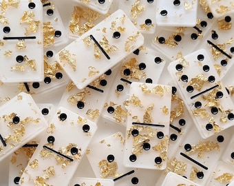 Luxury Domino set; white with gold colored flakes and black dots Resin Art Handmade Gift Present Board Game Decoration
