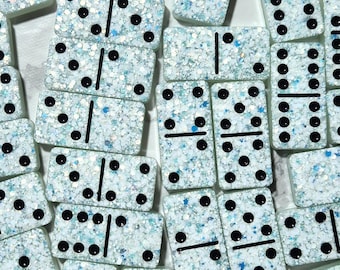 Luxury 'Frozen' Domino set; white & blue glitter with black dots Resin Art Handmade Gift Present Board Game Decoration
