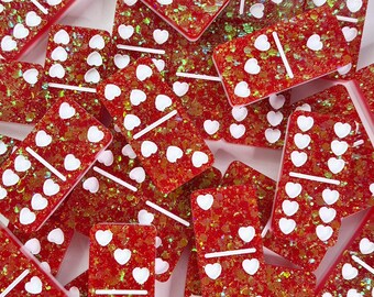 Luxury Domino set Red Glitters + White Hearts. Resin Art Handmade Gift Present Valentine's Day Love Board Game