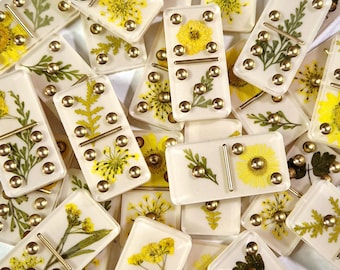 Yellow Flower Domino set with gold colored dots Resin Art Handmade perfect as a gift Game Present Floral Dominoes